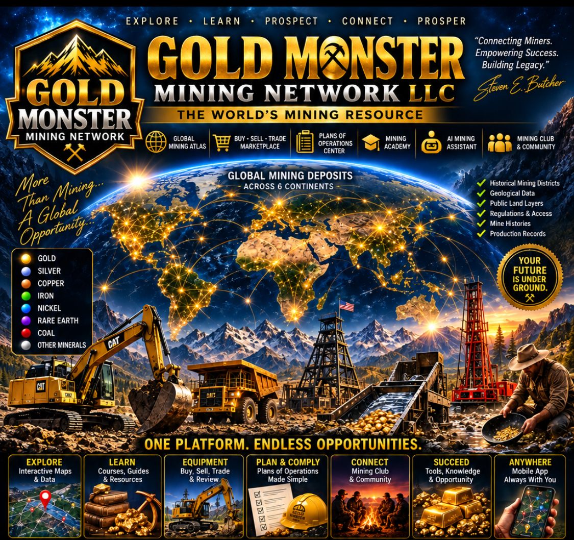 Gold Monster Mining Network LLC — The World's Mining Resource. Explore, learn, prospect, connect, prosper. A glowing globe of mining deposits above mining equipment and a prospector panning gold.